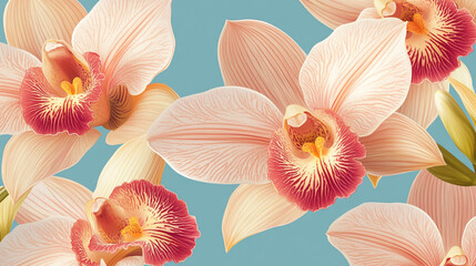 Colorful orchids displayed against a light blue background create a vibrant floral pattern in a serene setting