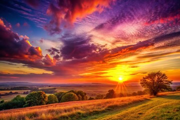 Vintage Sunset Photography: Golden Hour Landscape, Fiery Sky, Distant Horizon, Retro Photo, Warm Colors