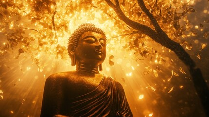 A tranquil golden Buddha statue under a glowing Bodhi tree, surrounded by soft light and an aura of spiritual harmony.
