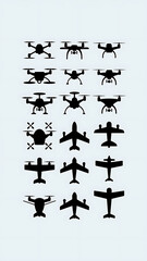 A black silhouette of 16 tiny drones and planes icons, isolated on a white background