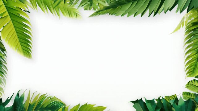 A tropical-themed composition featuring vibrant green palm leaves framing a white blank space. Ideal for creative projects, invitations, or nature-inspired marketing materials