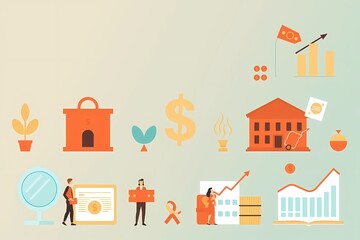 Financial Growth and Investment Strategy:  A vibrant illustration depicting key elements of financial success, including investment, growth, and wealth building.