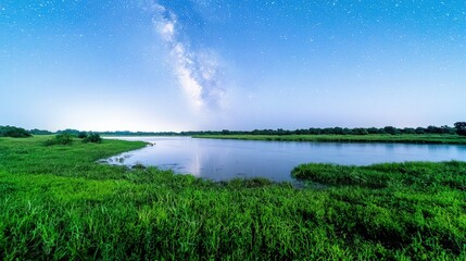Fototapeta premium Milky Way galaxy over calm river and lush green vegetation at night.
