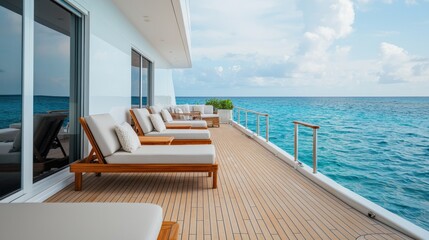 Fototapeta premium Modern Yacht Deck Overlooking Serene Ocean Waters