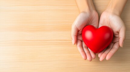 Fototapeta premium Valentine, Two hands holding a red heart on a wooden surface, symbolizing love and care.