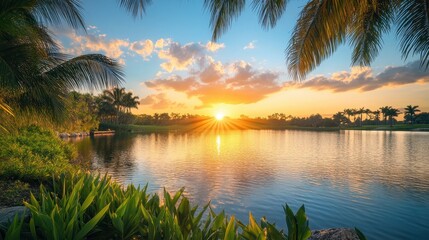 Obraz premium Sunset over tranquil lake, palm trees framing the scene. Ideal for travel, vacation, or relaxation themes.