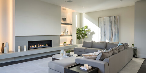  of a contemporary living room with a sleek fireplace, a gray sectional sofa, and soft lighting