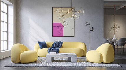 Modern yellow sofa set in a bright living room.
