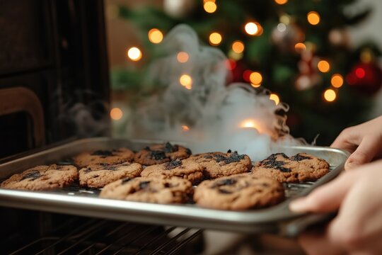 Person takes tray of burnt Christmas cookies from oven. Christmas tree with lights in background. Smoke rises from tray. Baking mishap occurred. Image shows humorous holiday scene. Cookies obviously