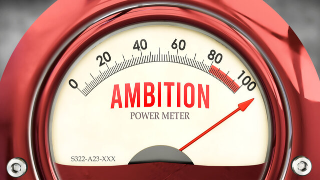 Ambition and Power Meter that is hitting a full scale, showing a very high level of ambition, overload of it, too much of it. Maximum value, off the charts.  ,3d illustration