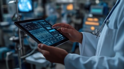 Doctor uses tablet to access patient records. Medical tech innovative device. Healthcare advancements shown in hospital setting. Hospital tech tools. Doctor reviews vital signs. Modern medical