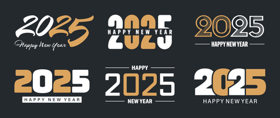Naklejka premium Set of 2025 Happy New Year greeting text designs. Christmas banner, poster, festive greeting card or seasonal promotion template. Collection of 2025 numbers with greetings. Vector illustration