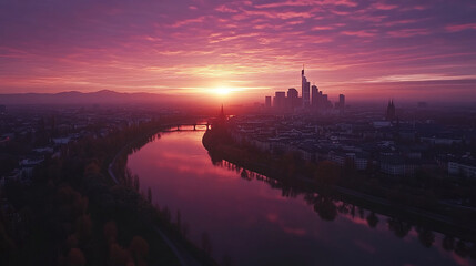 Naklejka premium Sunset over a city skyline with river reflection and dramatic clouds in twilight hours