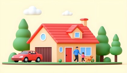 Illustration of a family house with a garage, red car, and trees. The banner concept of beautiful, cozy home. American dream vector graphic isolated. Father, daughter, and dog walk in the front yard.