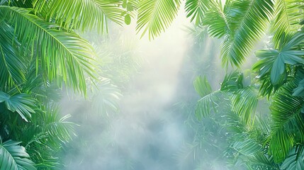 Obraz premium Natural transpiration moisture ecosystem plants process oxygen. A lush, green jungle scene with sunlight filtering through leaves, creating a misty, serene atmosphere.