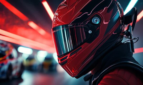 Red Racing Helmet Closeup Against Neon Lights;  Motorsport, Speed, and Adrenaline