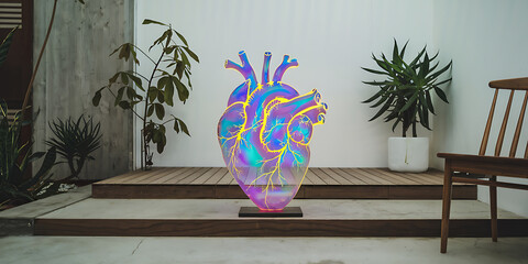 A vibrant iridescent heart sculpture with a subtle glow is the centerpiece of a minimalist, biophilic space