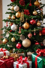 a beautiful Christmas tree with beautiful ornaments decorating it, gift packages lined up around the Christmas tree