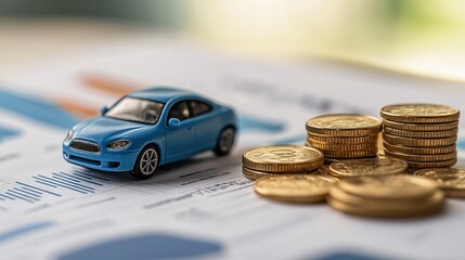 Miniature blue car model, stacks of coins on financial documents. Visual concept of personal loan for vehicle. Planning, financing car purchases. Savings, budgeting for car investment. Borrowing