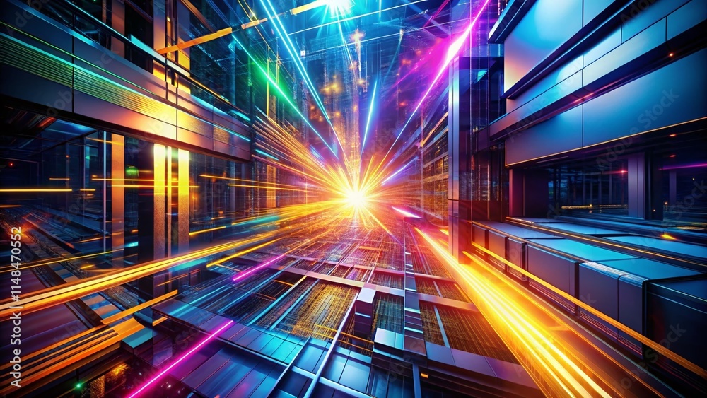 Poster abstract digital light burst: vivid data flow on dark background