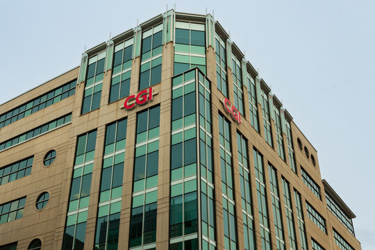 Quebec City, Quebec, Canada, December 20, 2024 - Low angle of the corner of the CGI building at 410 Charest East boulevard in the lower downtown