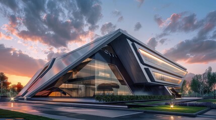 Ultra HD Modern Office Building with Unique Architectural Design Ideal for Business Presentations and Renovation Projects Featuring Contemporary Style