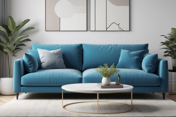 Fototapeta premium Living Room Design With Bright Blue Track Arm Sofa