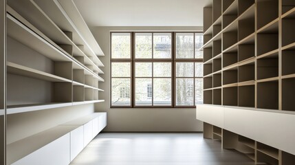 Minimalist modern storage room with clean, efficient design. Featuring neutral tones and sleek shelving