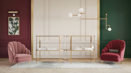 interior design mockup 3D rendering of an empty glass display case on a white background in a minimalist style Burgundy and Gold Burgundy gold soft cream deep green Expressionism