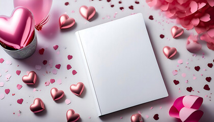 On a spotless white tabletop, a blank magazine cover mock up rests amid playful heart-shaped decorations and vibrant balloons, setting a romantic atmosphere perfect for February