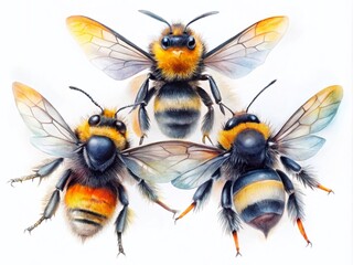 Watercolor Bumblebees Panoramic, Hand-Painted Insect Art, White Background, Bee Illustration, Nature Painting