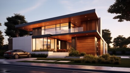 Fototapeta premium Modern Two Story House With Wood And Concrete Exterior