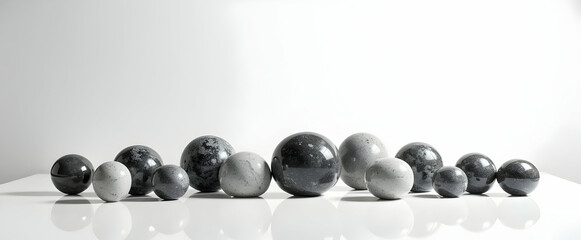 Serene Stone Spheres: A grayscale composition of polished orbs arranged on a reflective surface, creating an elegant and minimalist display.