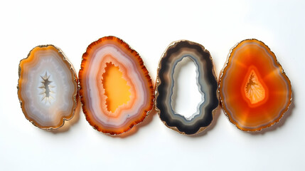 Stunning agate slices with gold edging, showcasing captivating color bands and intricate textures.  A mesmerizing display of natural beauty.