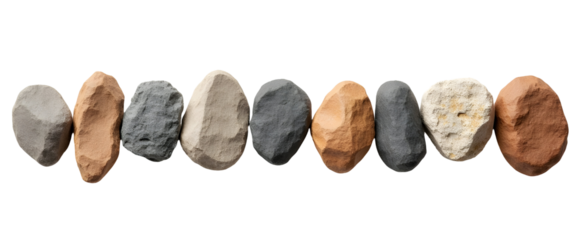 Serene Stone Row: A captivating display of earthy tones and textures, arranged in a harmonious line against a stark black background. , cut out