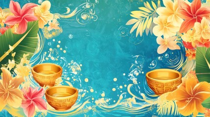 Bright Songkran banner with playful water splashes, tropical flowers, and golden bowls, accented by traditional Thai motifs on a lively background.