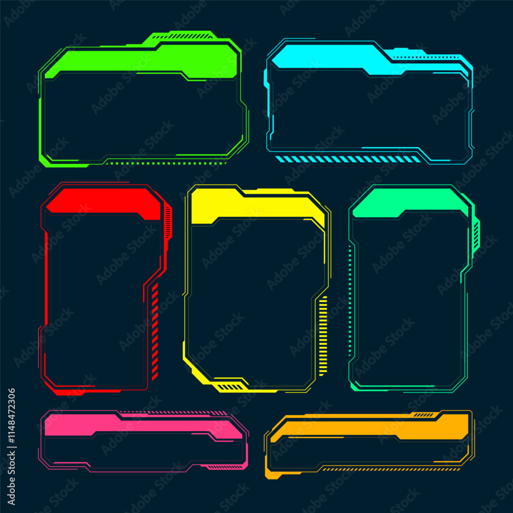 Poster futuristic hud or ui elements. sci-fi user interface text boxes, callouts. colorful warning message 