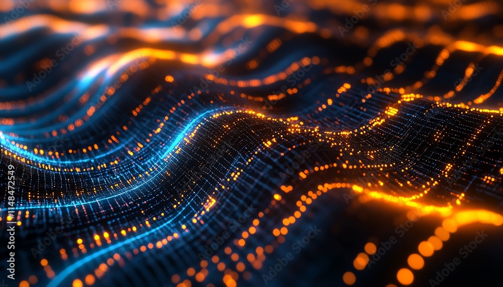 Poster ai and neural network circuits, complex digital pathways and connections, glowing lines representing