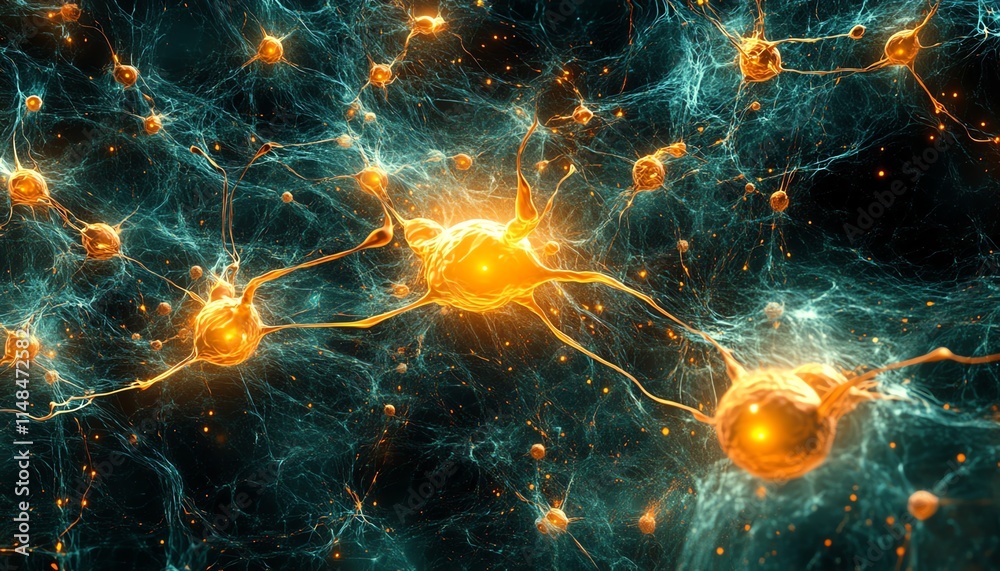 Poster ai and neuronal network circuits, complex patterns of interconnected nodes, glowing data streams, ad