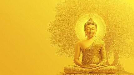 Fototapeta premium Buddha statue in meditation beneath a radiant Bodhi tree, adorned with intricate Thai patterns on a luminous yellow vector background.