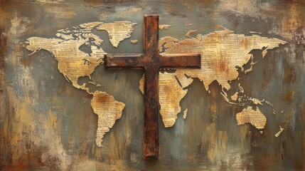 Rustic World Map with Cross Symbolizing Faith and Connection