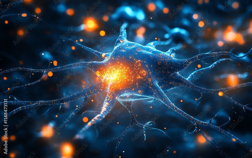 Poster artificial intelligence neural network concept, interconnected circuits and neurons firing with digi