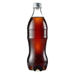 A tall soda bottle with a silver cap, filled with brown cola