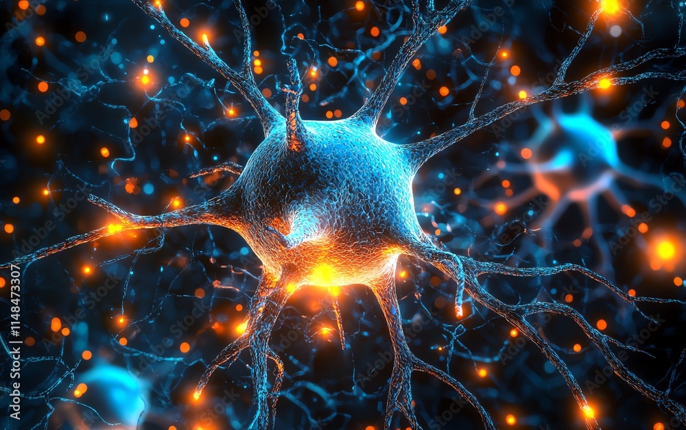 Poster artificial intelligence neural network concept, interconnected circuits and neurons firing with digi