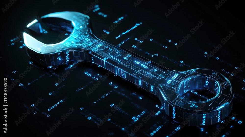 Poster digital wrench overlaid with binary code and technology elements