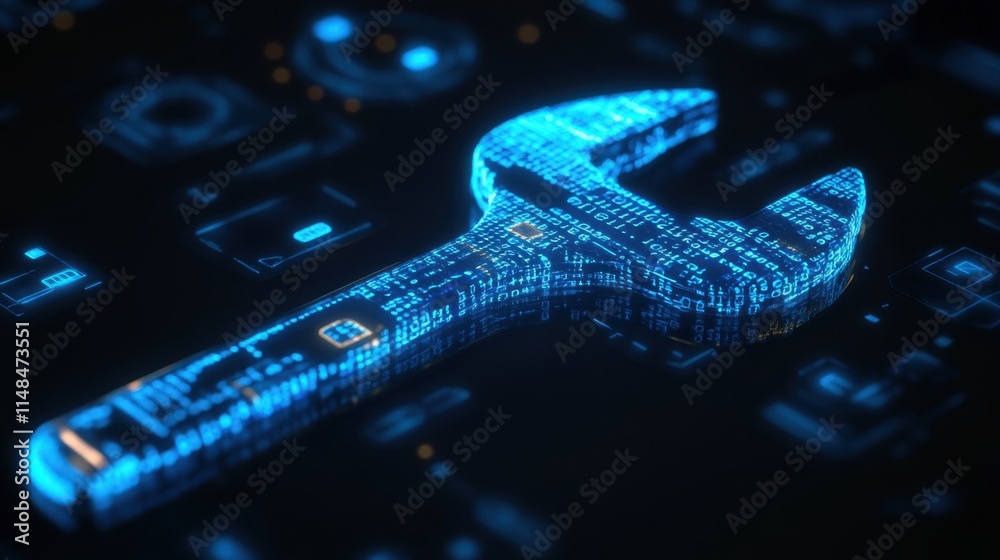 Poster futuristic digital wrench tool with binary codes and technology background