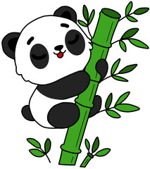 Cute Panda Cartoon Character Climbing Green Bamboo Plant