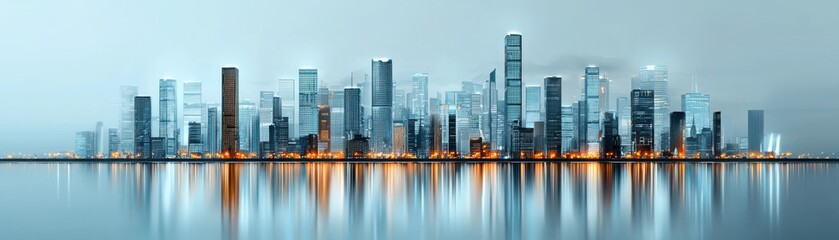 Fototapeta premium A panoramic view of a modern city skyline reflected in calm waters, showcasing towering skyscrapers and a serene ambiance.