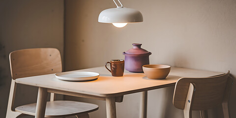 A casual dining setup with a light wood table and simple chairs