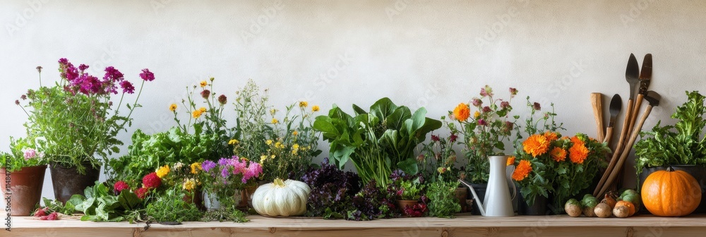 Poster Vibrant flowers and fresh vegetables arranged on a rustic shelf in a sunny garden setting during spring. Generative AI